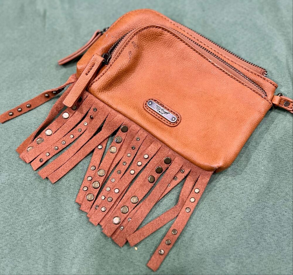 Vintage Sharif Brown/Tan Wristlet Wallet Clutch w/ Suede Fringe Studded Tassels
